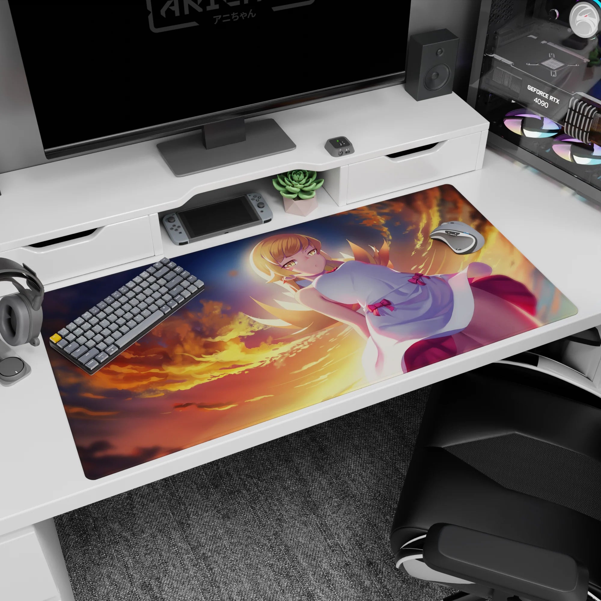 40x20 inches anime girl desk pad showing golden-eyed blonde drifting over fiery clouds in a white dress.