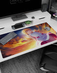 40x20 inches anime girl desk pad showing golden-eyed blonde drifting over fiery clouds in a white dress.