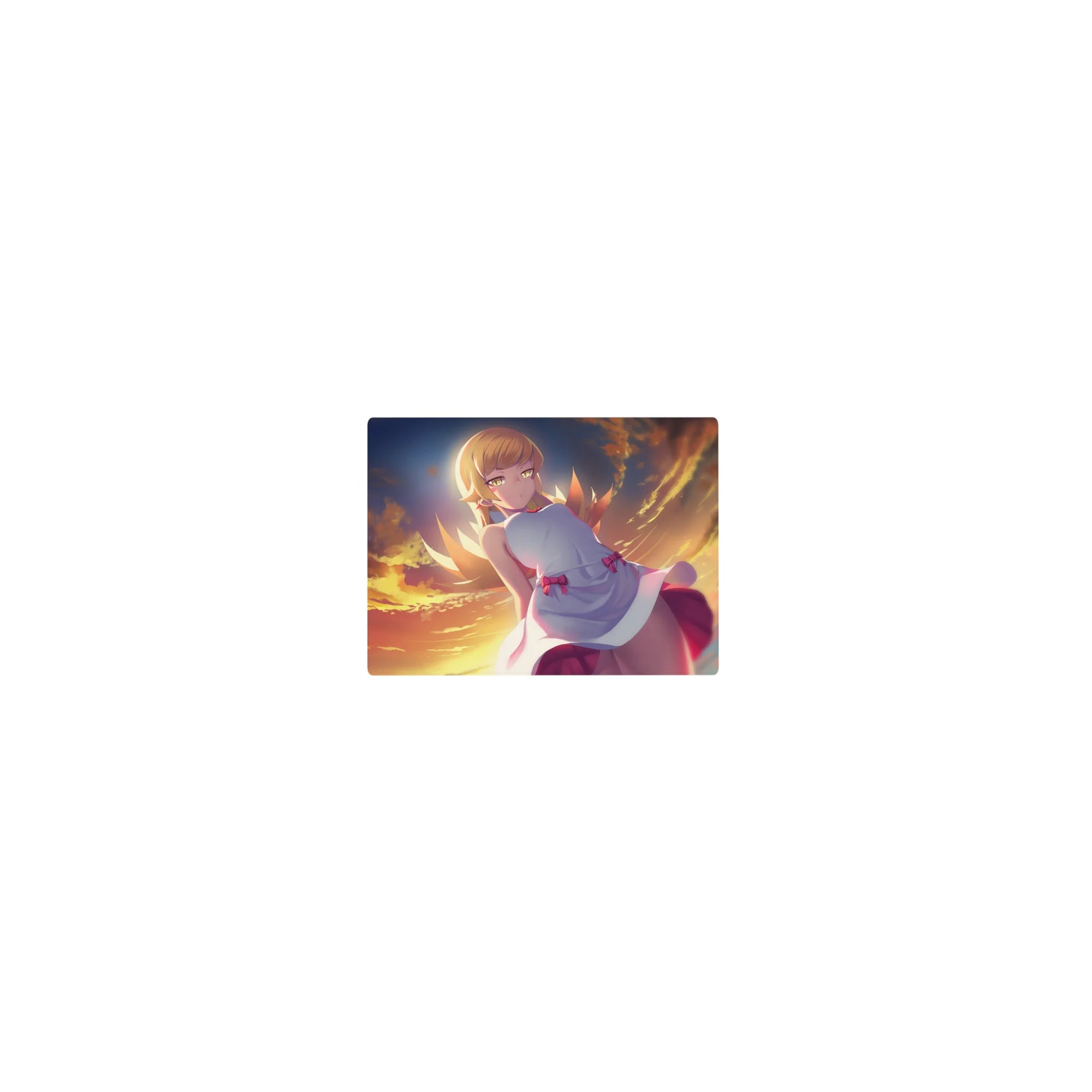 Classic anime girl mouse pad 14x10 inches with blonde, white dress bows, glowing sunset cloud backdrop.