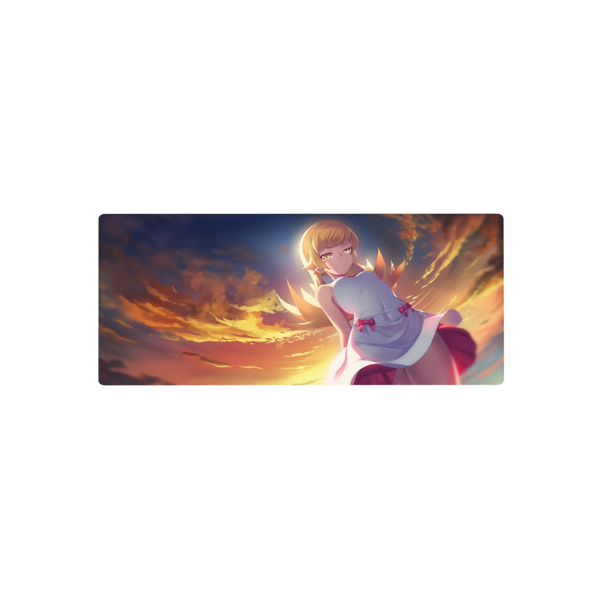 28x12 inches anime girl mouse pad with blonde golden-eyed girl in white dress floating above sunset clouds.
