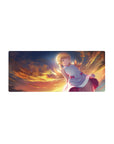 28x12 inches anime girl mouse pad with blonde golden-eyed girl in white dress floating above sunset clouds.