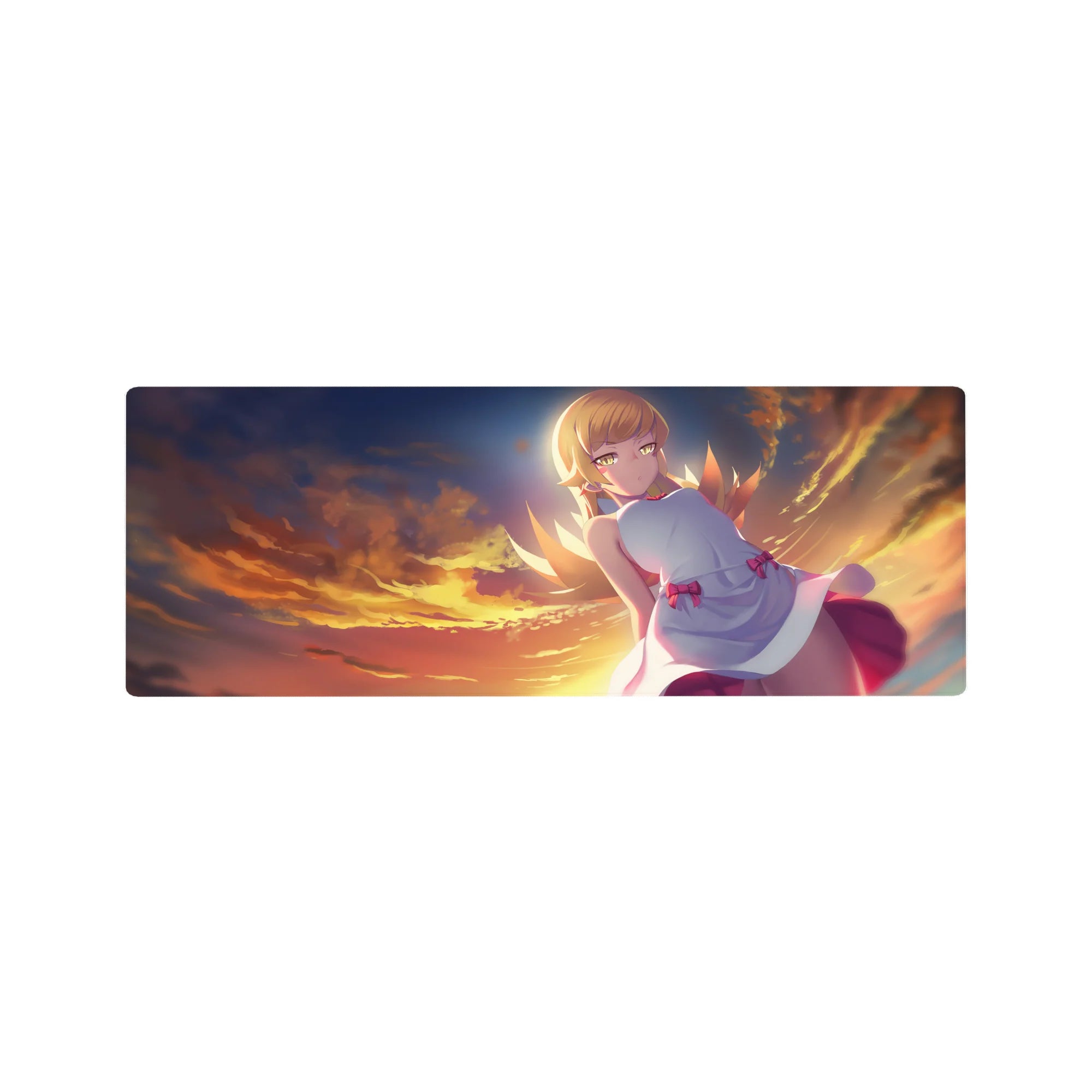 32x12 inches anime girl mouse pad with blonde in white dress, pink bows, floating above sunset clouds.