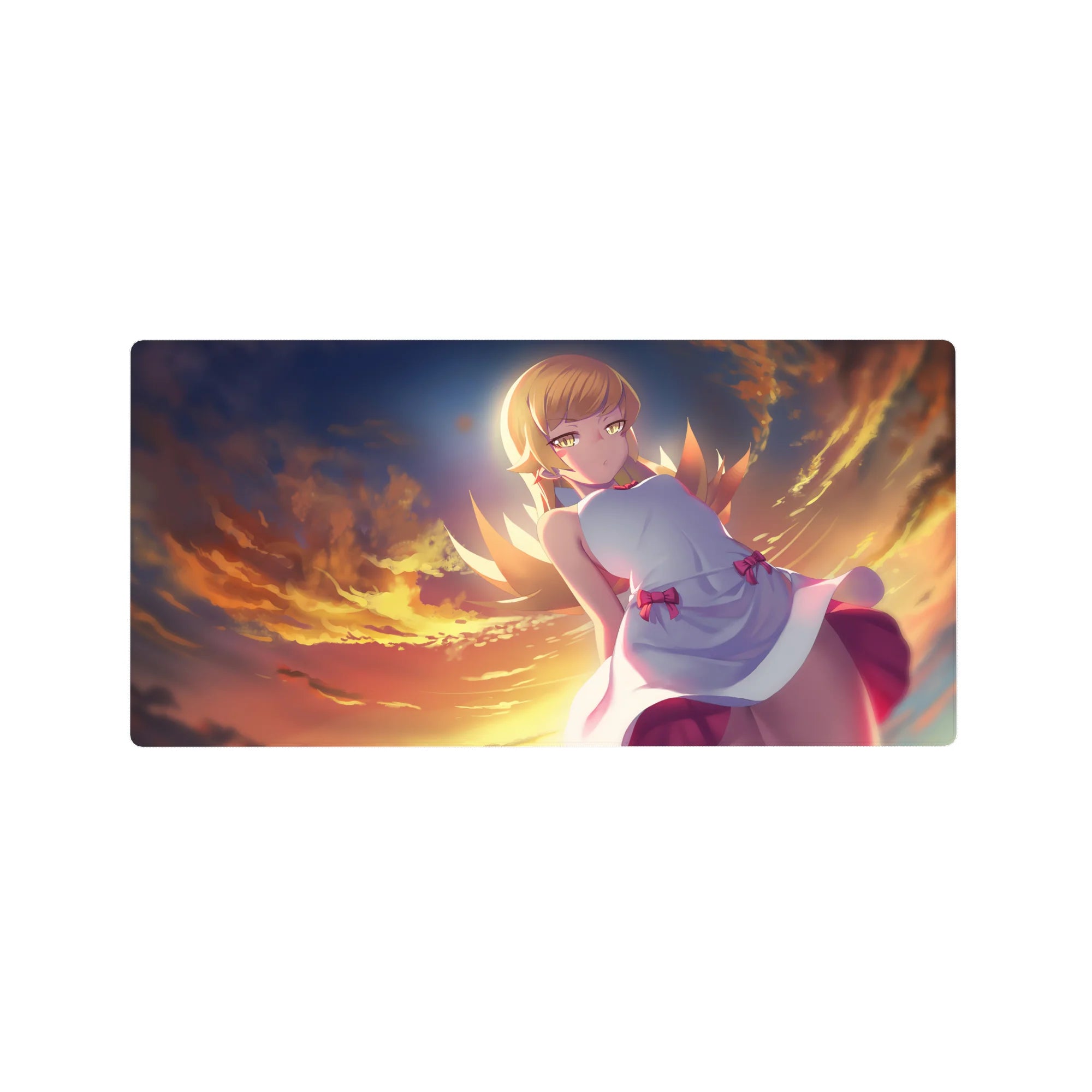 Anime girl mouse pad 32x16 inches with blonde in white dress, pink bows, and sunset cloud background.