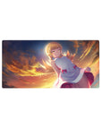 Anime girl mouse pad 32x16 inches with blonde in white dress, pink bows, and sunset cloud background.