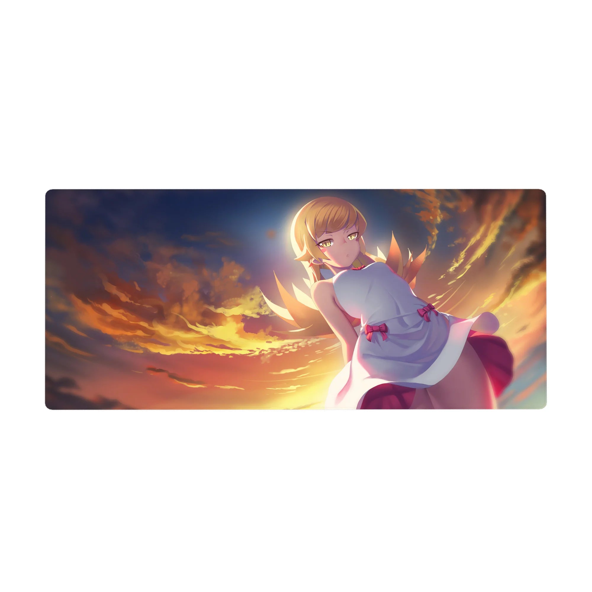 Anime girl desk pad 36x16 inches with blonde in white dress, pink bows, floating above orange clouds.