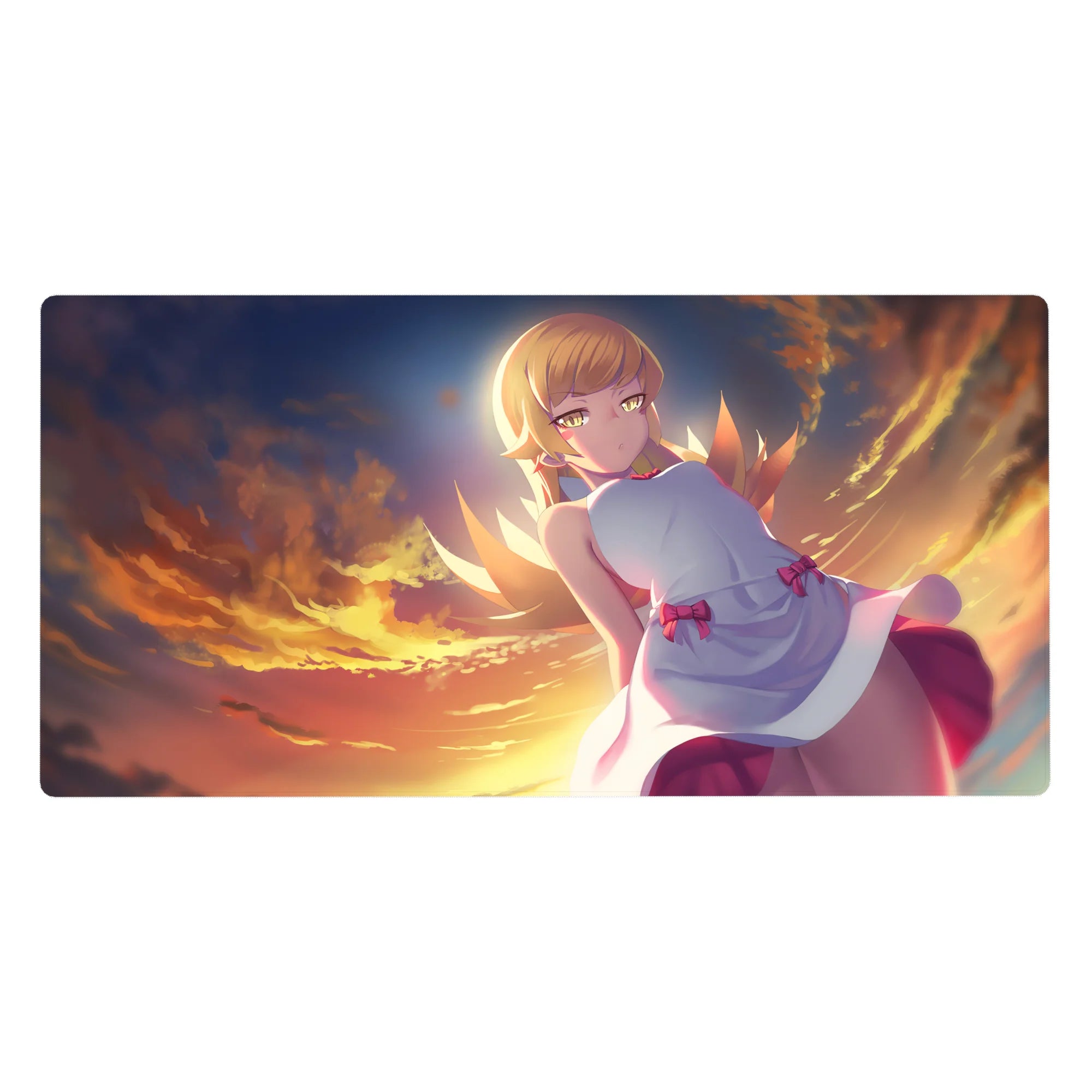 40x20 inches anime girl desk pad with blonde in white dress, pink bows, floating above sunset clouds.