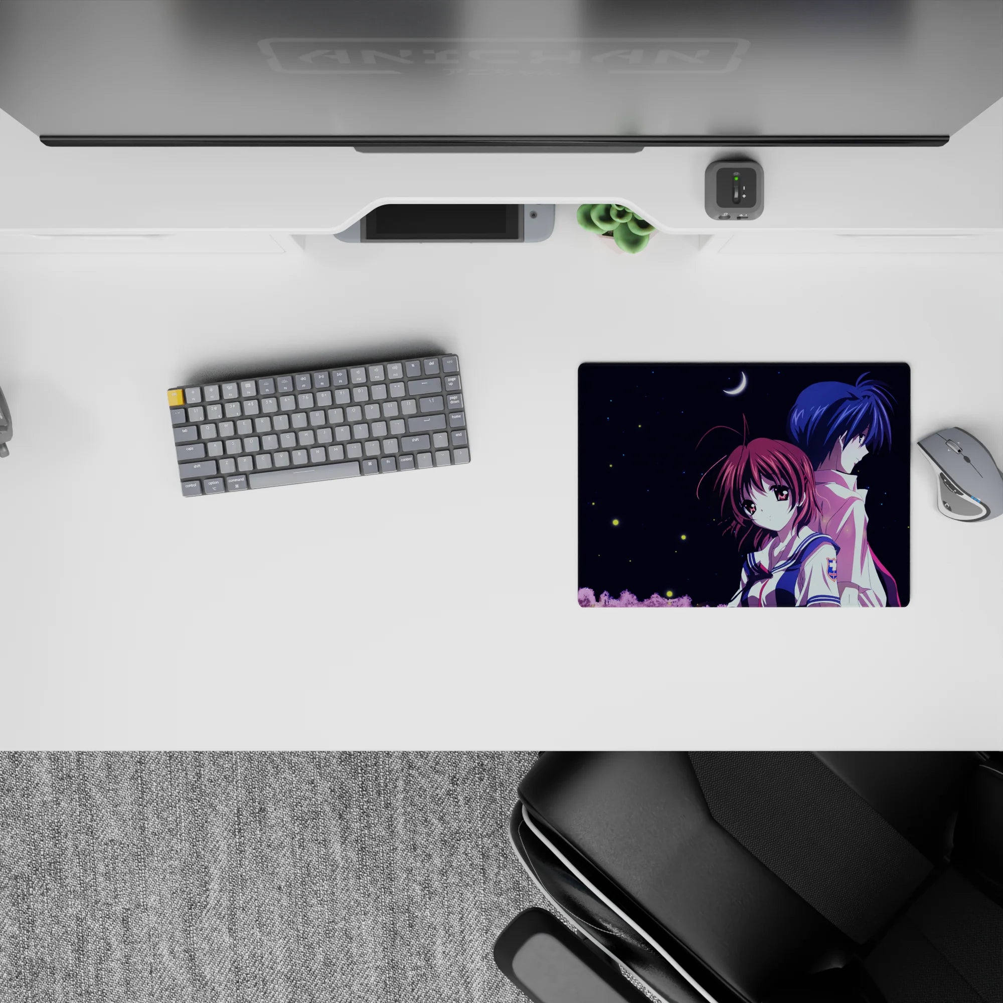 Midnight navy and white anime mouse pad 14x10 inches with soft pink treetops and quiet romance vibe.