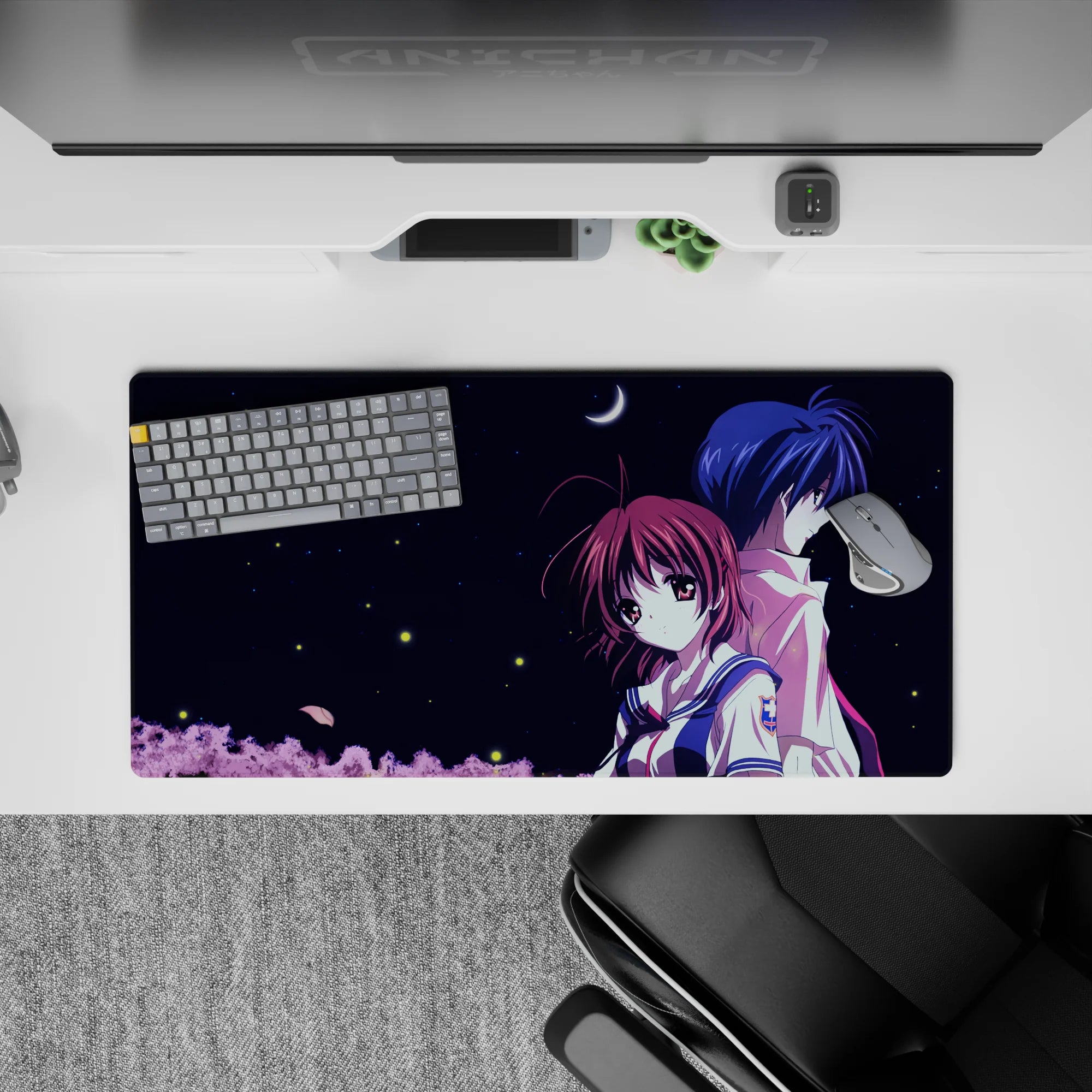 32x16 inches anime mouse pad in midnight navy and white with soft pink treetops, quiet romance vibe.