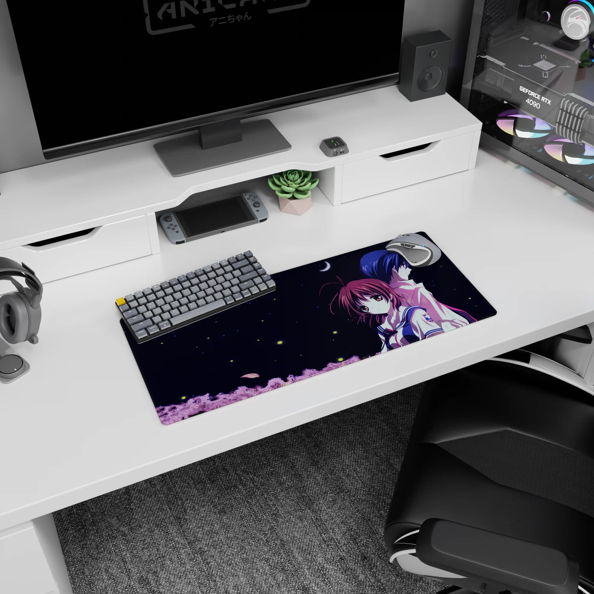 28x12 inches anime mouse pad showing a sailor-uniform girl and dark-haired boy under moonlight, back to back.