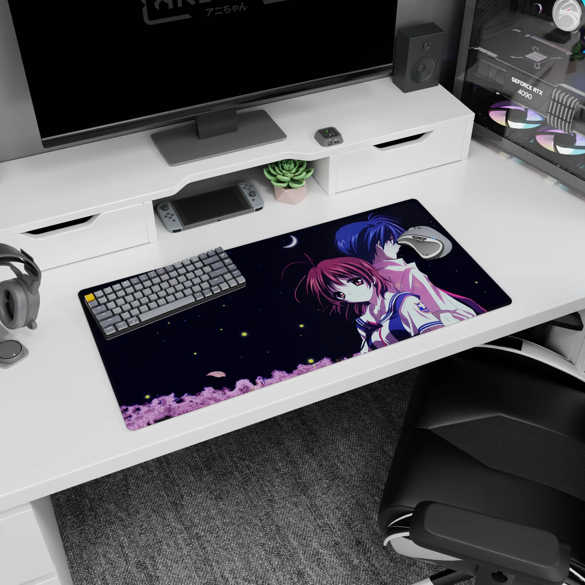 32x16 inches anime mouse pad showing sailor-uniform girl and dark-haired boy beneath crescent moon.
