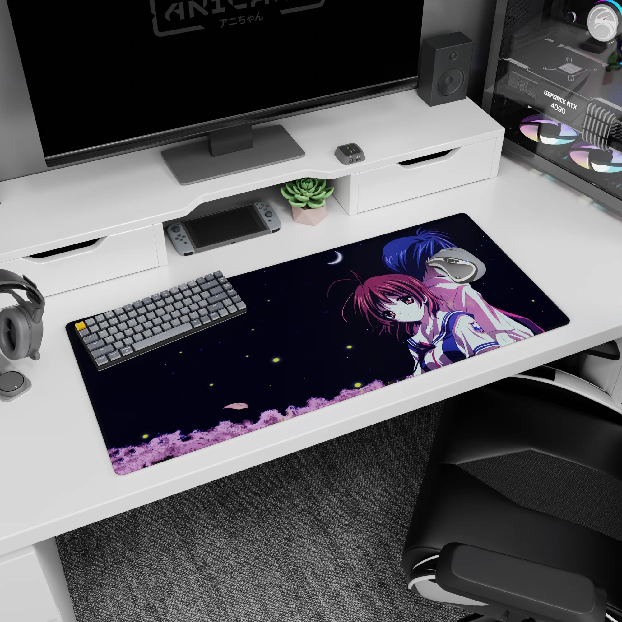 Anime desk pad 36x16 inches showing sailor-uniform girl and quiet boy under a crescent moon and tiny stars.