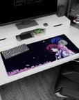 Anime desk pad 36x16 inches showing sailor-uniform girl and quiet boy under a crescent moon and tiny stars.