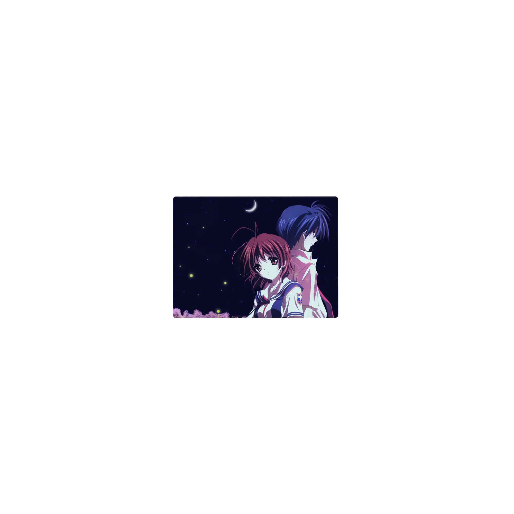 Classic anime mouse pad 14x10 inches with two students back to back under a crescent moon and stars.