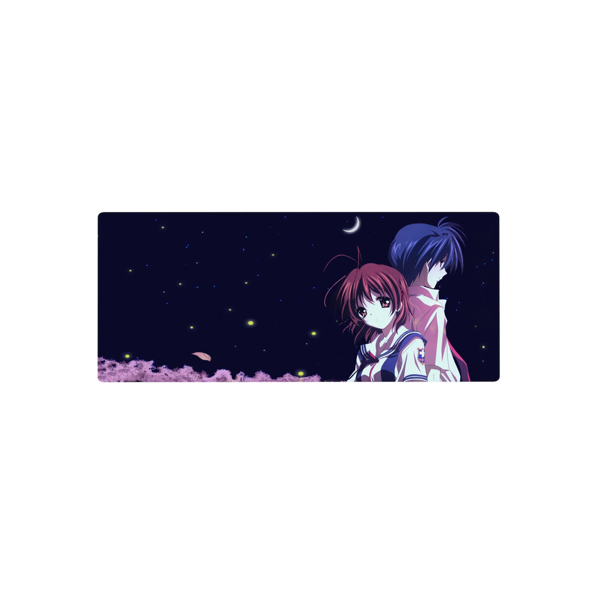 28x12 inches anime mouse pad with two students back to back under a crescent moon and starry sky.