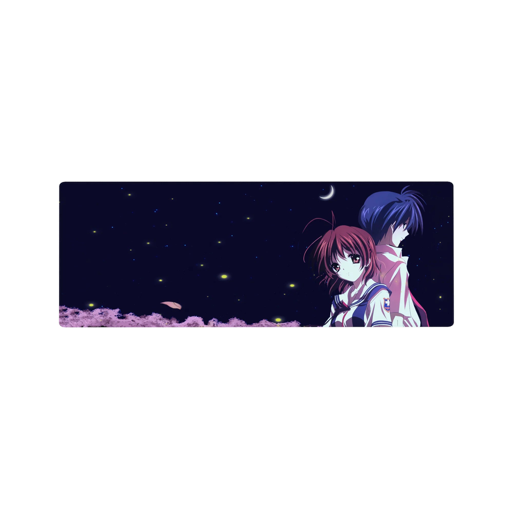 32x12 inches anime mouse pad with two students back to back under a crescent moon and starry sky.