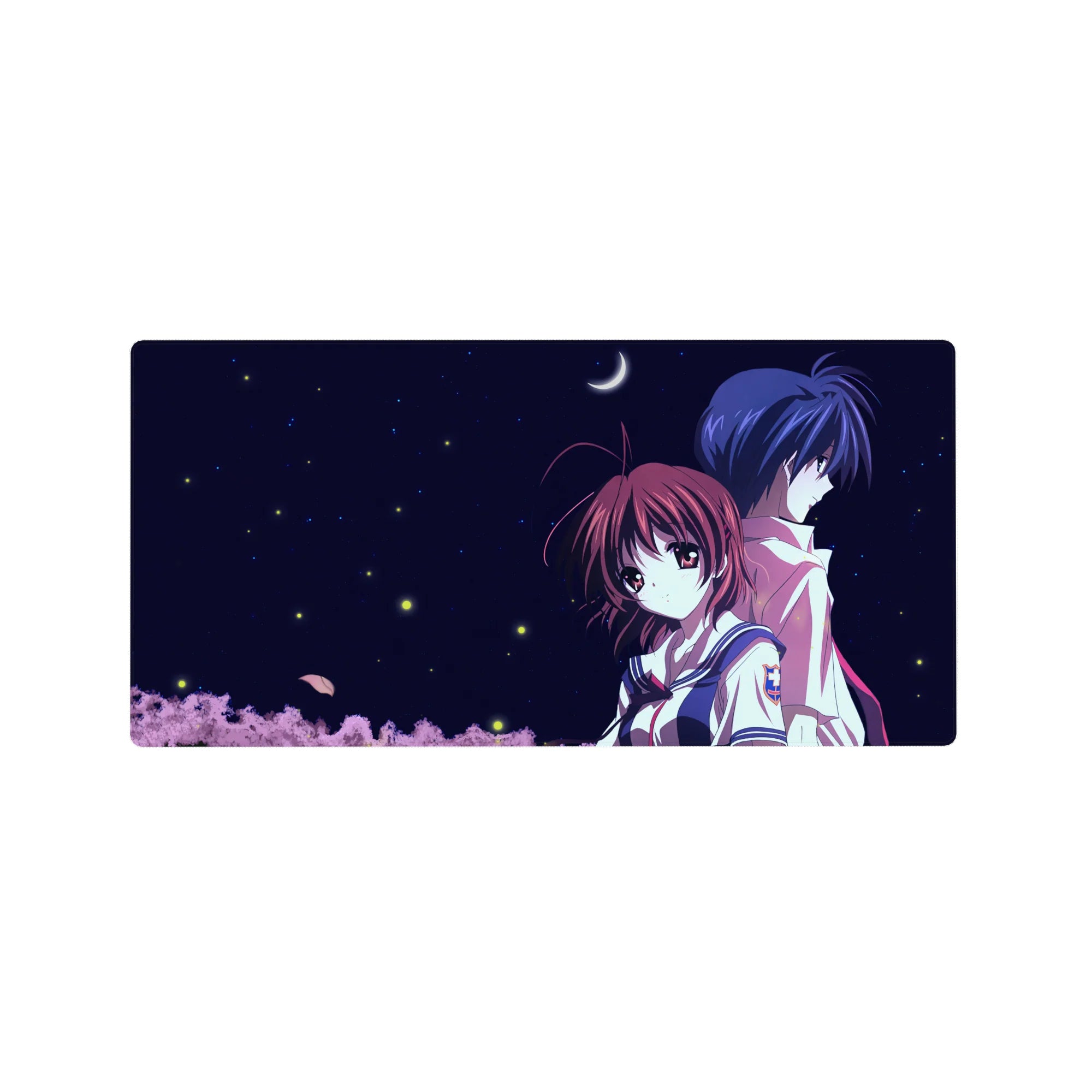 32x16 inches anime mouse pad with two students back to back under a crescent moon and starry sky.