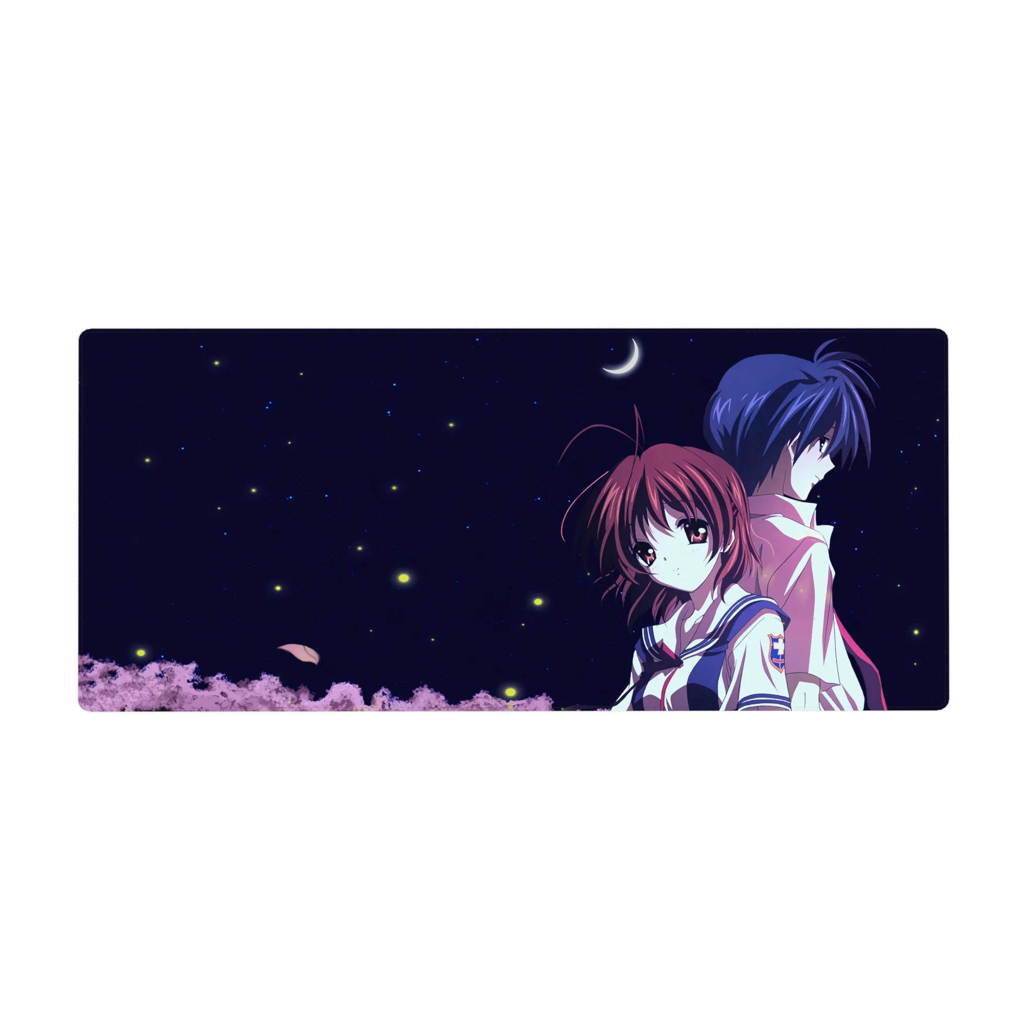 Anime desk pad 36x16 inches with crescent moon, starry night sky, two students back to back, pink treetops.