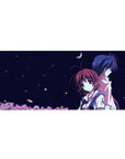 Anime desk pad 36x16 inches with crescent moon, starry night sky, two students back to back, pink treetops.