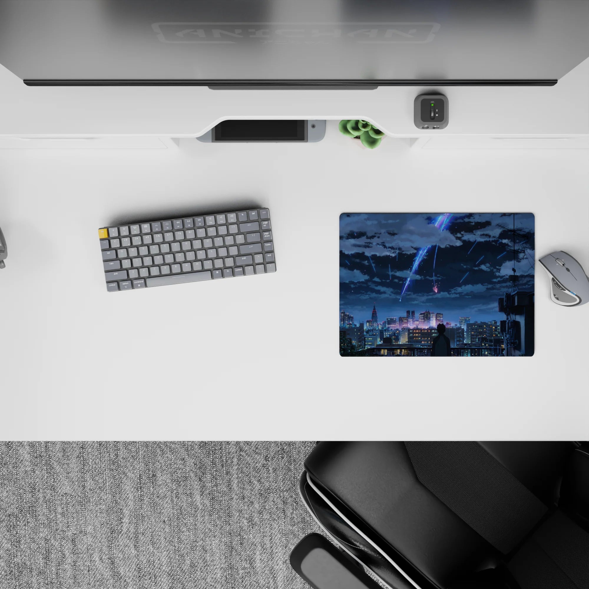 14x10 inches classic anime mouse pad in neon blue and violet, dreamy night clouds and calm mood.