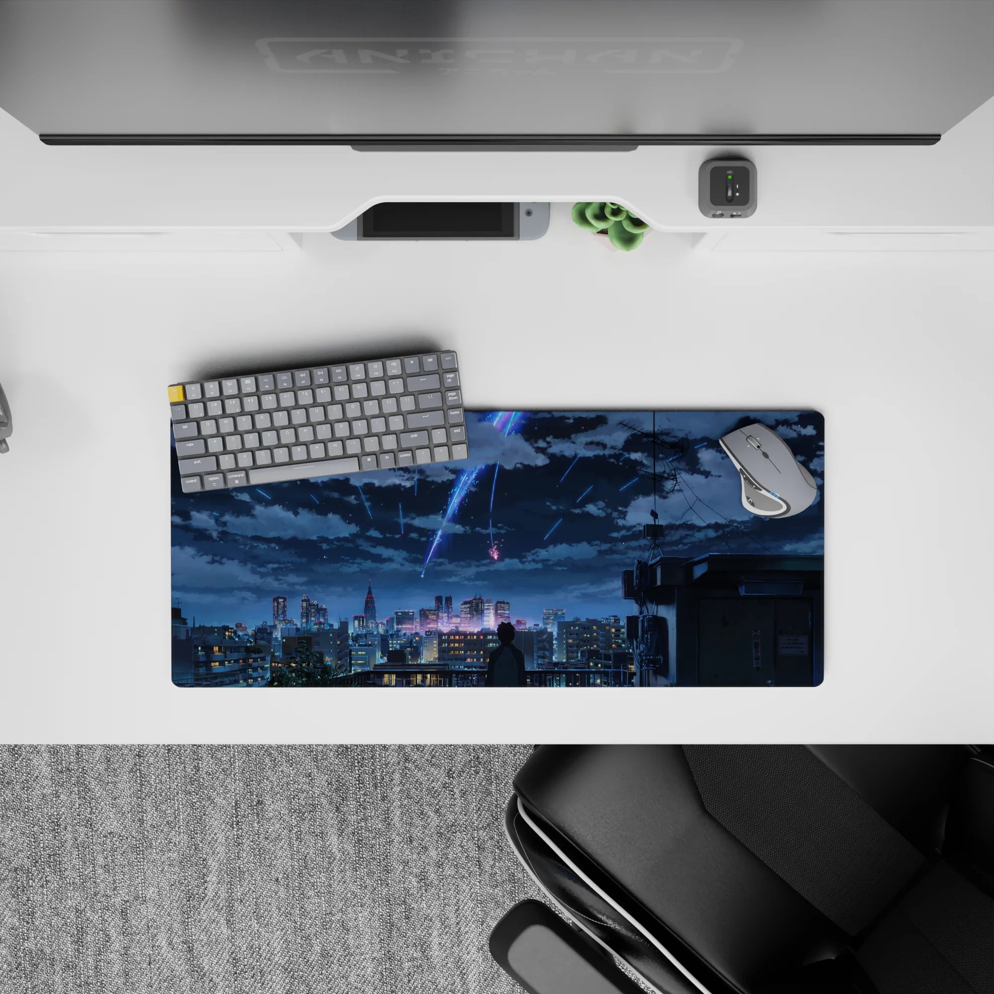 28x12 inches anime mouse pad in deep navy with neon blue and violet streaks, calm dreamy night mood.