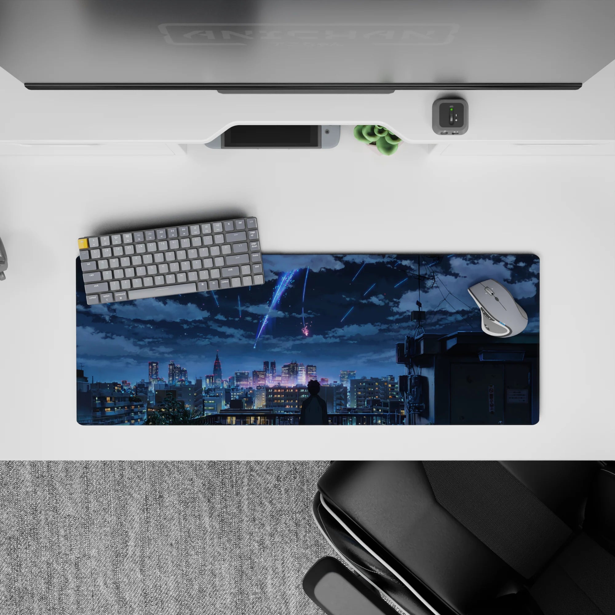 32x12 inches anime mouse pad in electric blue and violet neon, deep navy shadows, calm dreamy night mood.