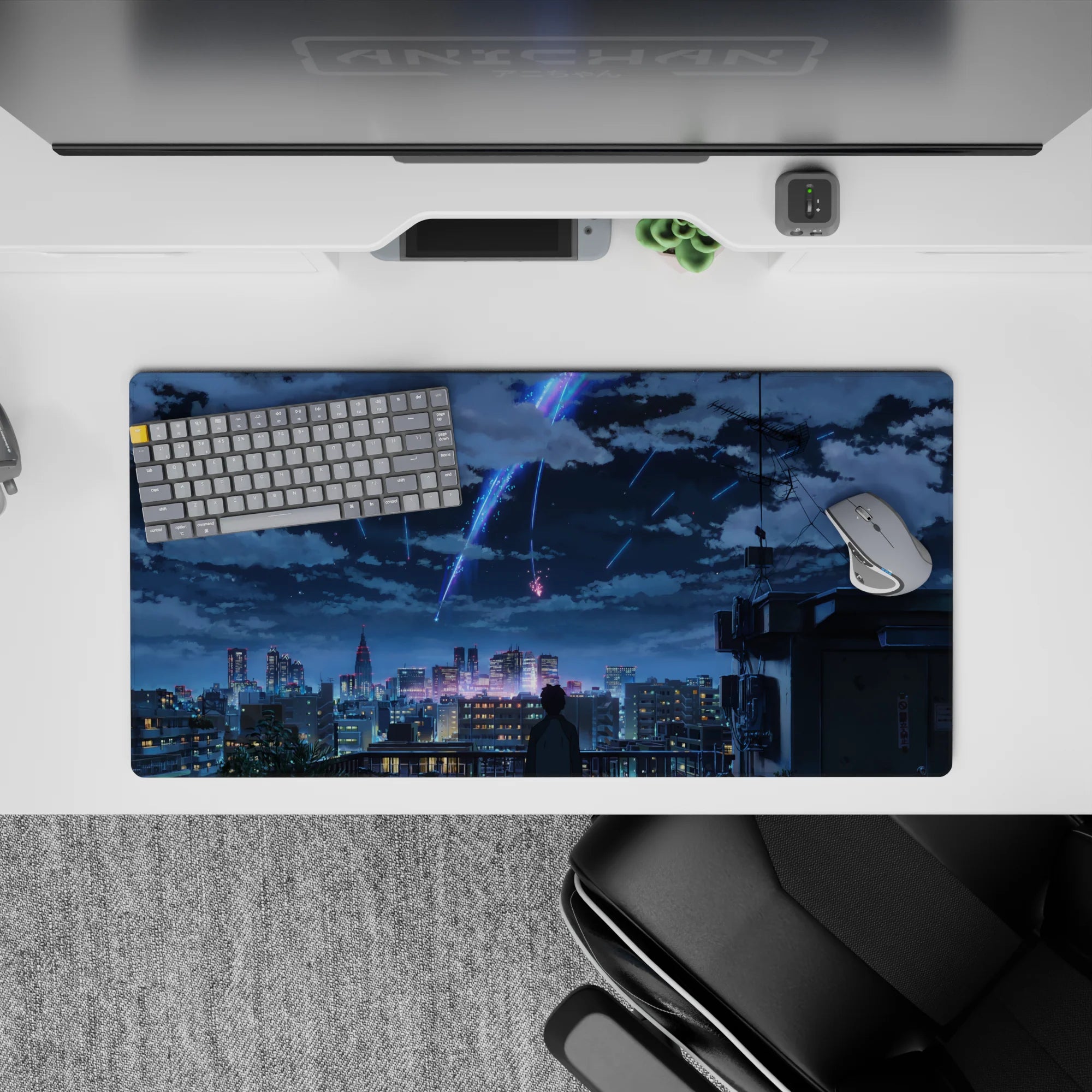 32x16 inches anime mouse pad in neon blue and violet, deep navy shadows, calm dreamy night mood.