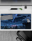 32x16 inches anime mouse pad in neon blue and violet, deep navy shadows, calm dreamy night mood.