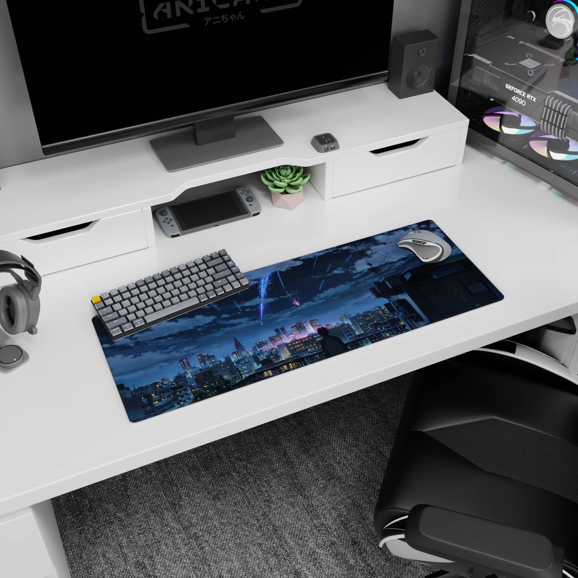 32x12 inches anime mouse pad showing a lone jacketed figure on a rooftop, watching comets above city lights.