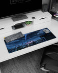 32x12 inches anime mouse pad showing a lone jacketed figure on a rooftop, watching comets above city lights.