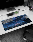 32x16 inches anime mouse pad showing a lone jacketed figure on a rooftop under electric comet streaks.