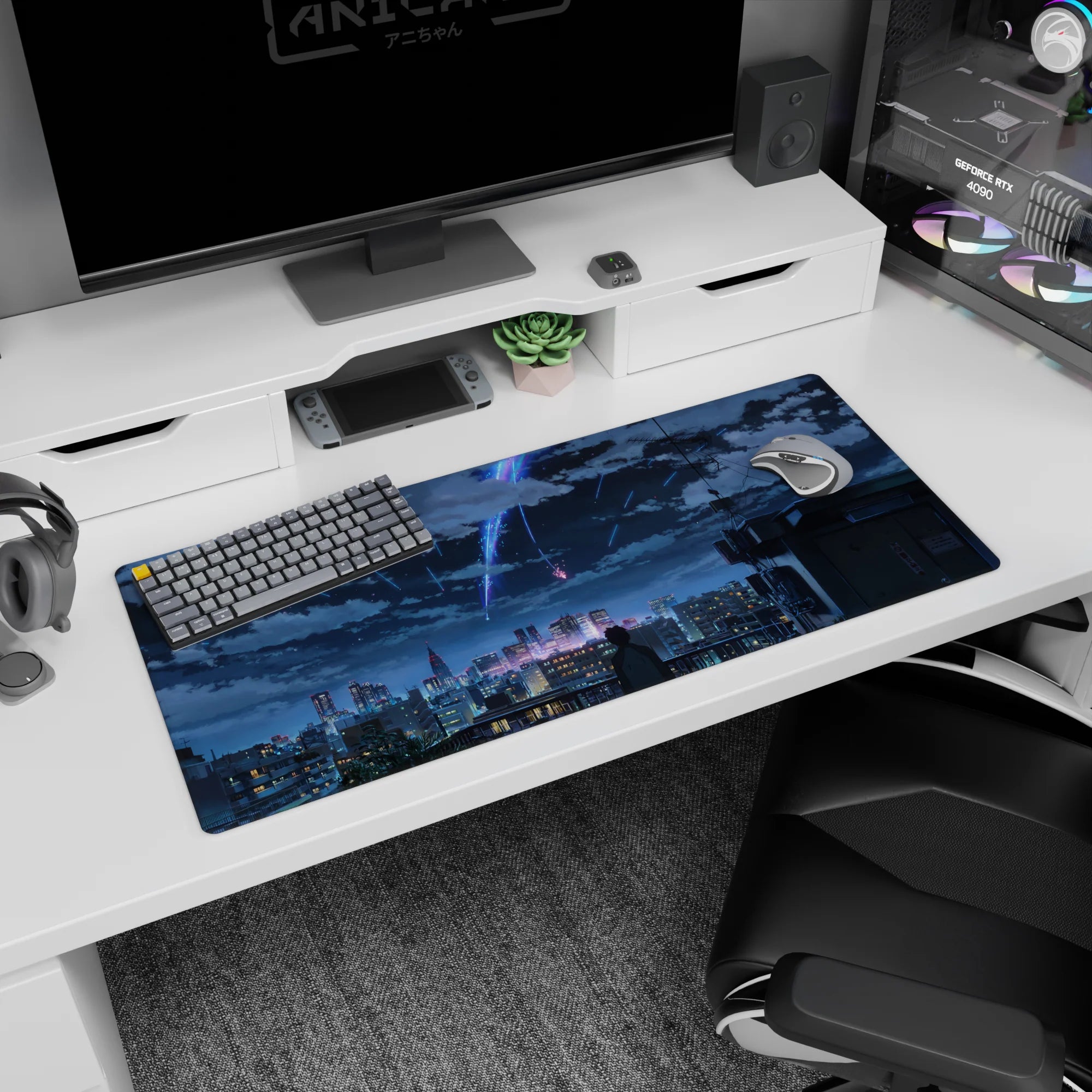 36x16 inches anime desk pad showing a lone jacketed figure on a rooftop, gazing at comets above city lights.