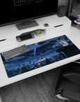 36x16 inches anime desk pad showing a lone jacketed figure on a rooftop, gazing at comets above city lights.