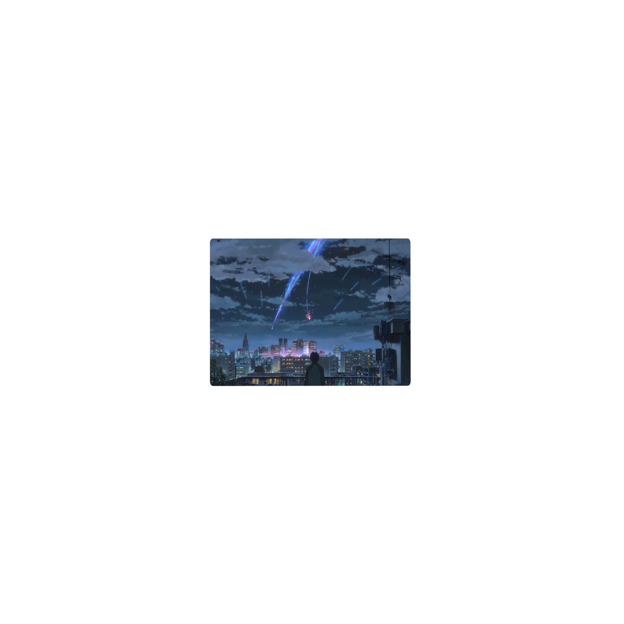 14x10 inches classic anime mouse pad with rooftop figure, glittering city skyline, and comet trails.