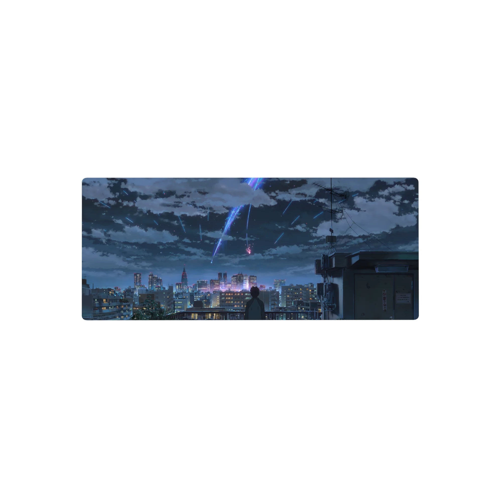 28x12 inches anime mouse pad with rooftop skyline, lone figure, and comet trails over a glittering city.