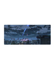 28x12 inches anime mouse pad with rooftop skyline, lone figure, and comet trails over a glittering city.