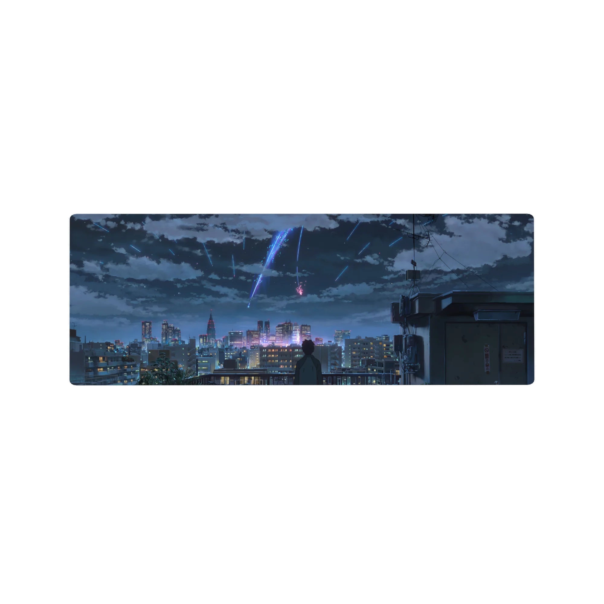 32x12 inches anime mouse pad with rooftop skyline, lone figure, and comet trails over a glittering city.