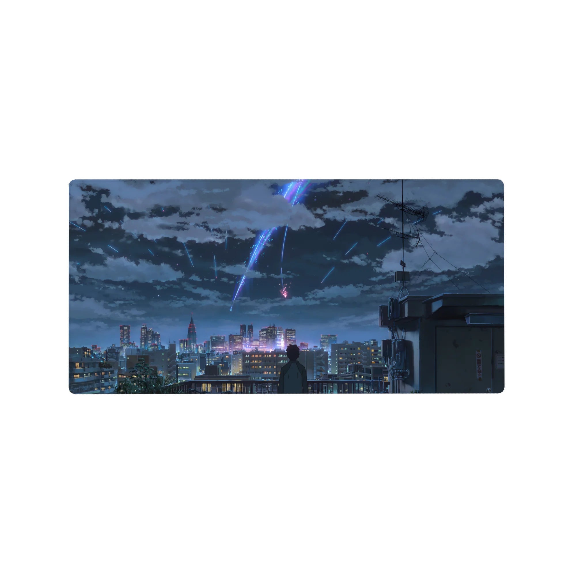 32x16 inches anime mouse pad with rooftop skyline, lone figure, and comet trails over a glittering city.