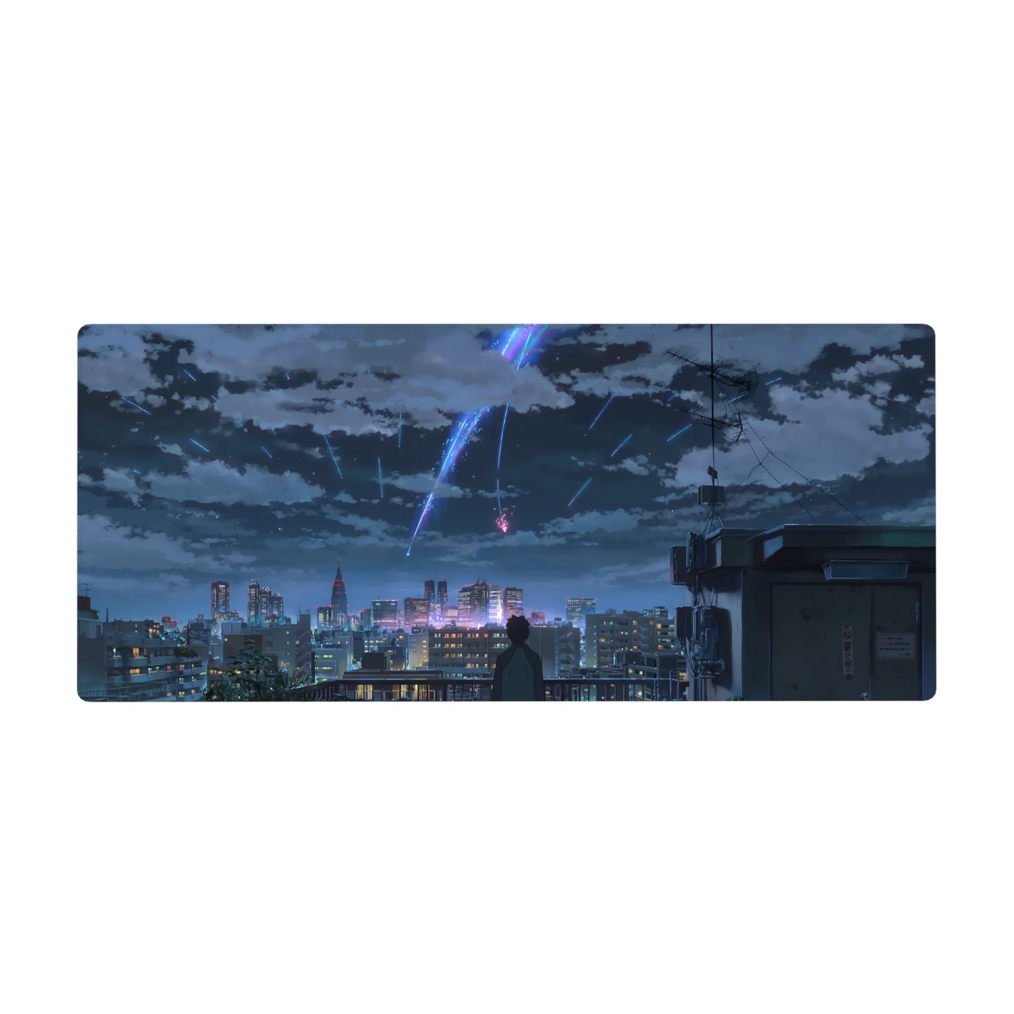 36x16 inches anime desk pad with rooftop figure over a glittering city and comet trails in night clouds.