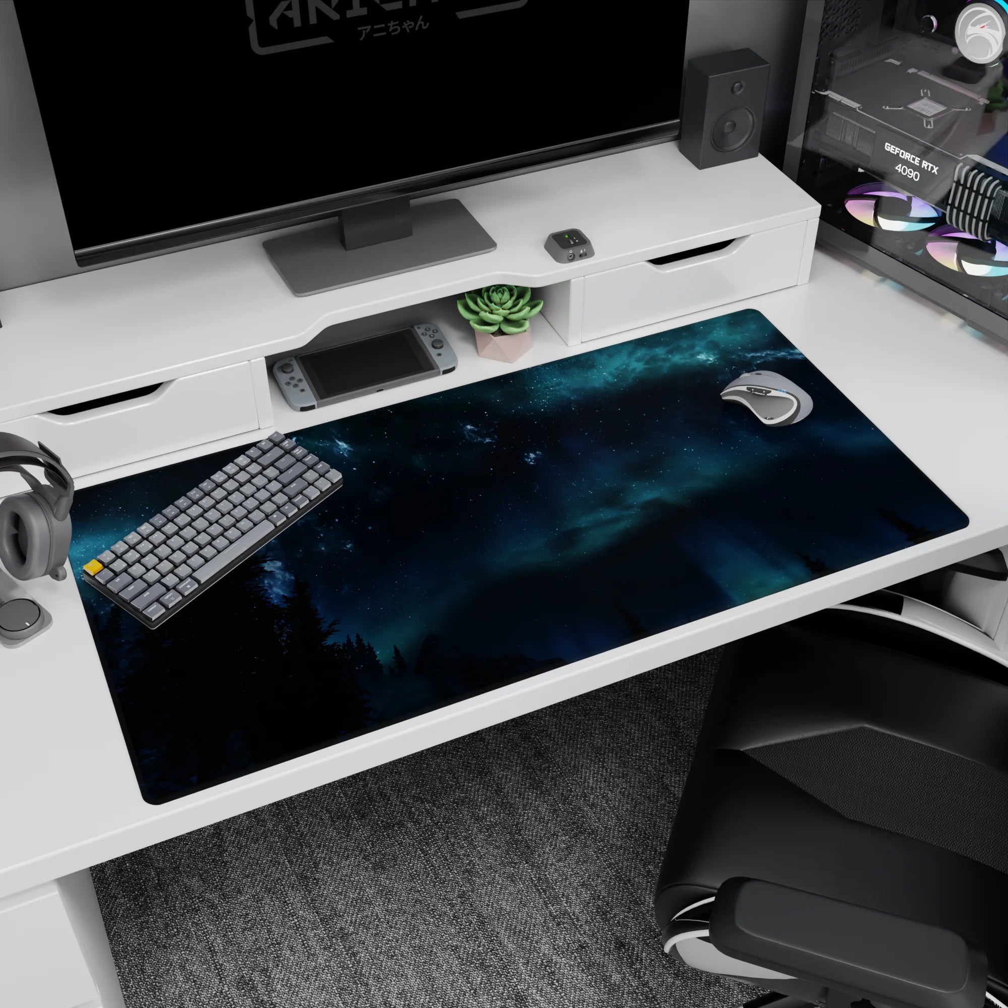 Starry forest scene desk pad 40x20 inches featuring dark pine silhouettes under a misty night sky.