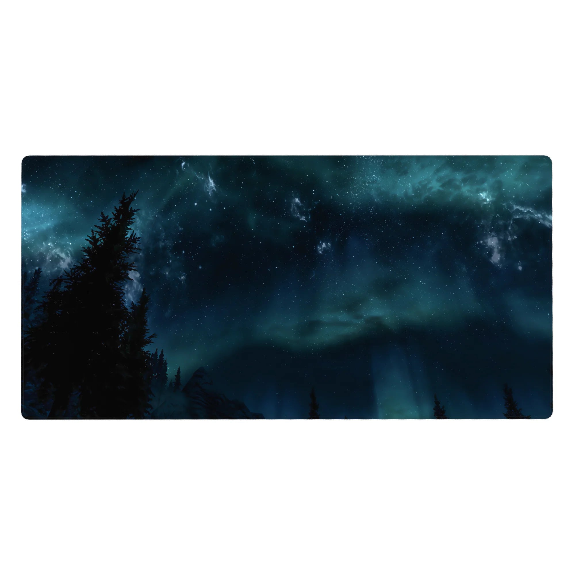 Midnight sky desk pad 40x20 inches with teal fog, tiny stars, and pine silhouettes along the edge.