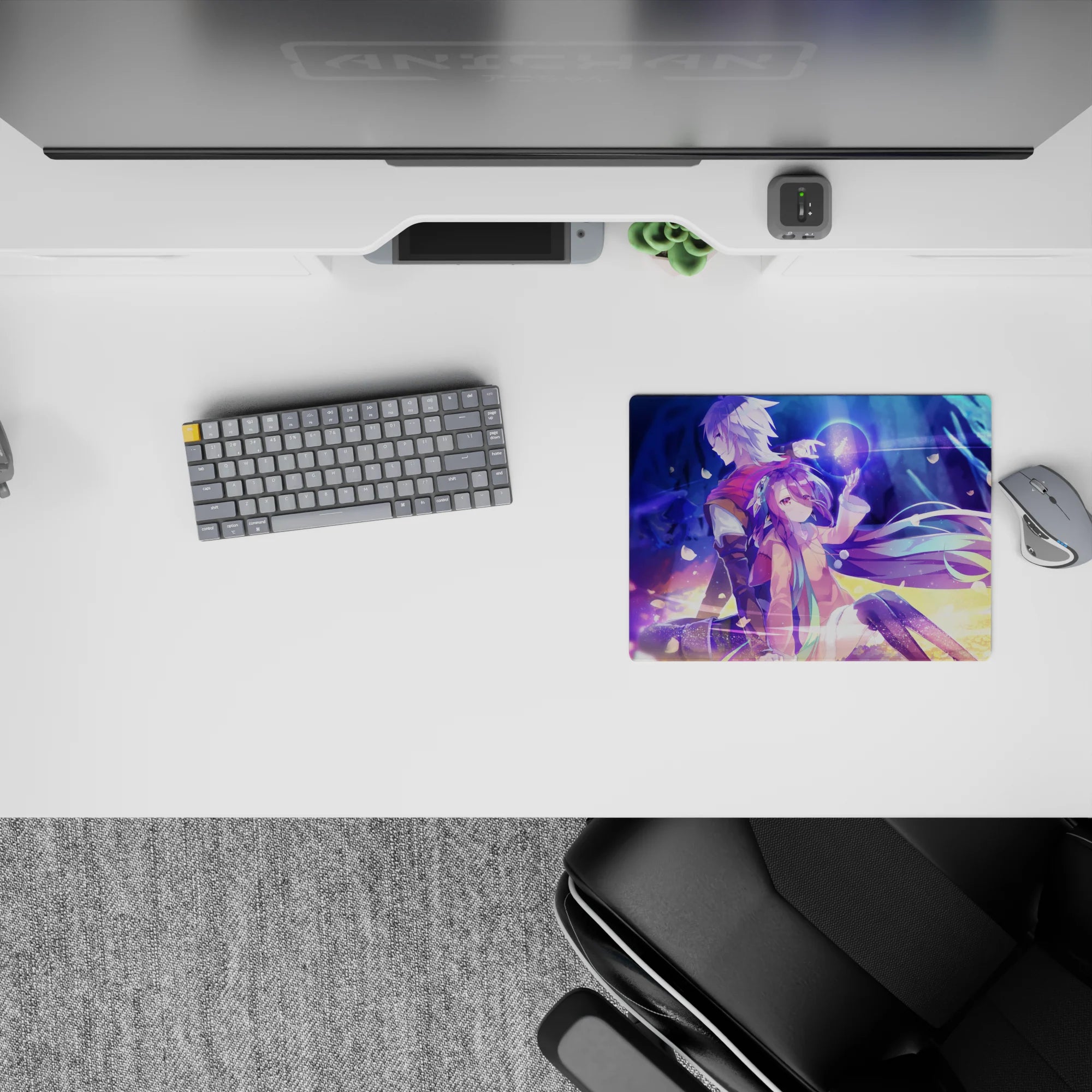 Neon blue and violet haze anime mouse pad 14x10 inches, dreamy spark trails and soft light on gold ground.