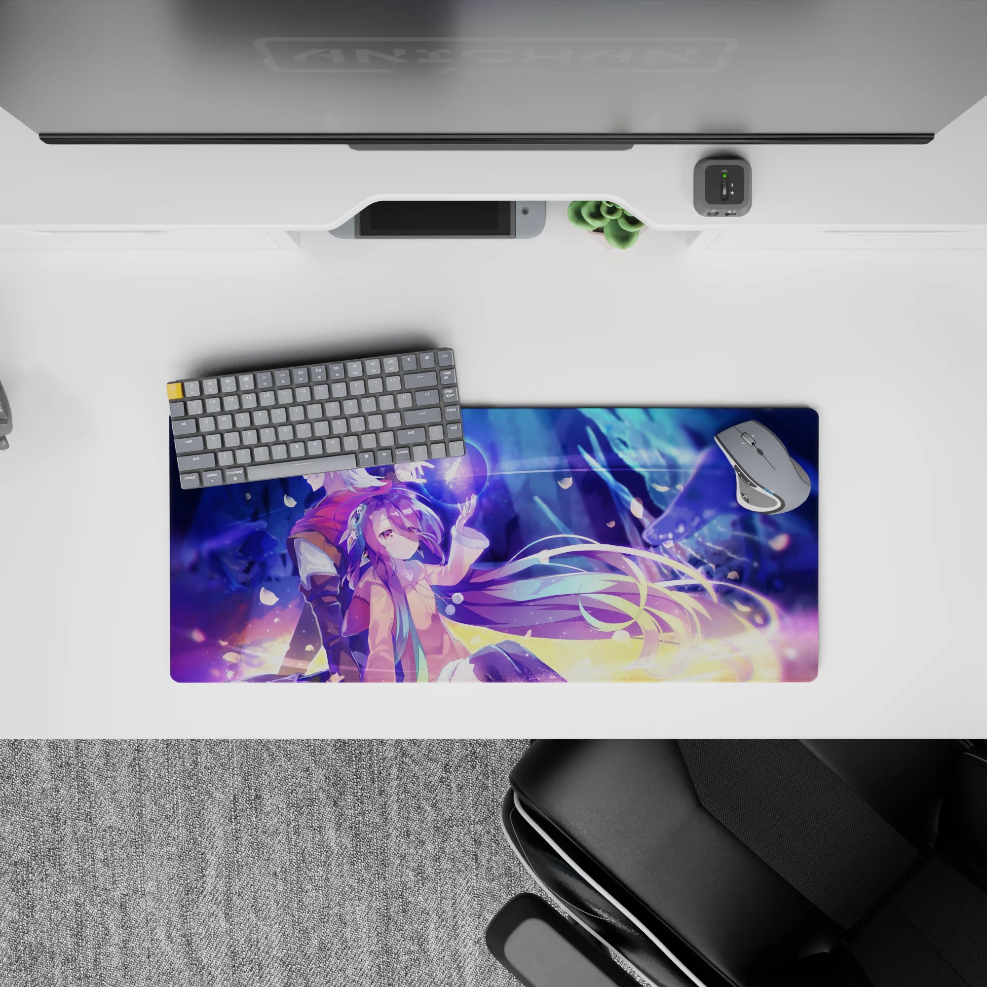 Neon blue and violet haze anime mouse pad 28x12 inches with dreamy spark trails and cinematic glow.