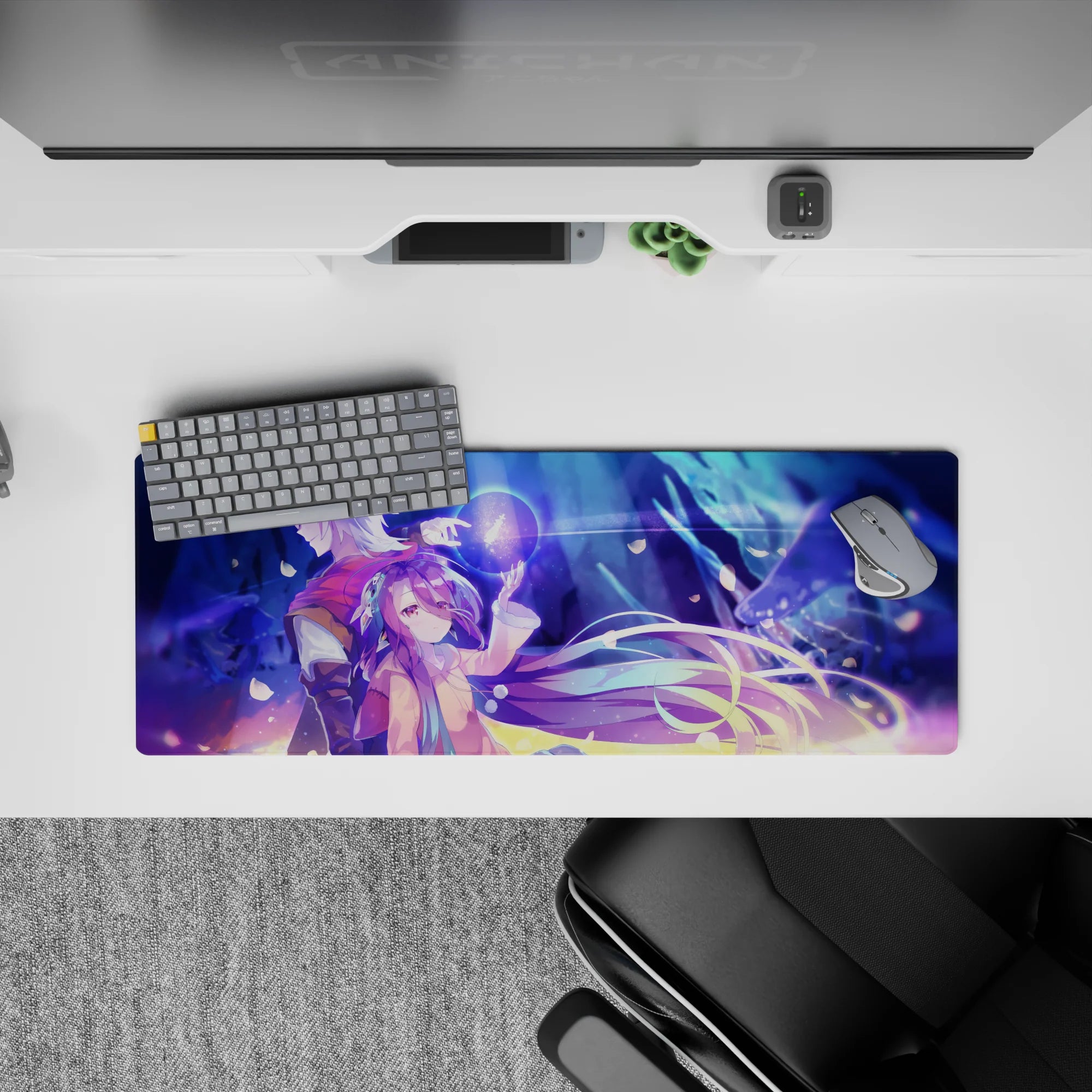 32x12 inches anime desk mat in neon blues and violet haze, cinematic glow, dreamy spark trails.