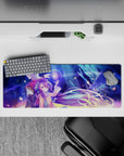 32x12 inches anime desk mat in neon blues and violet haze, cinematic glow, dreamy spark trails.