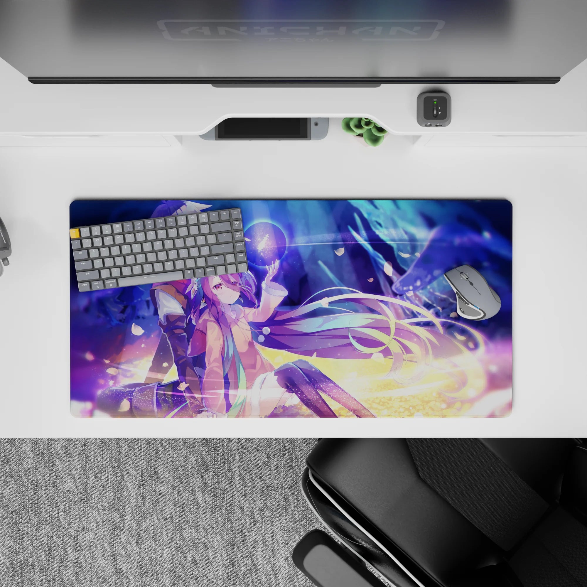 32x16 inches anime mouse pad in neon blues and violet haze, dreamy spark trails over warm gold ground.