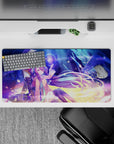 32x16 inches anime mouse pad in neon blues and violet haze, dreamy spark trails over warm gold ground.