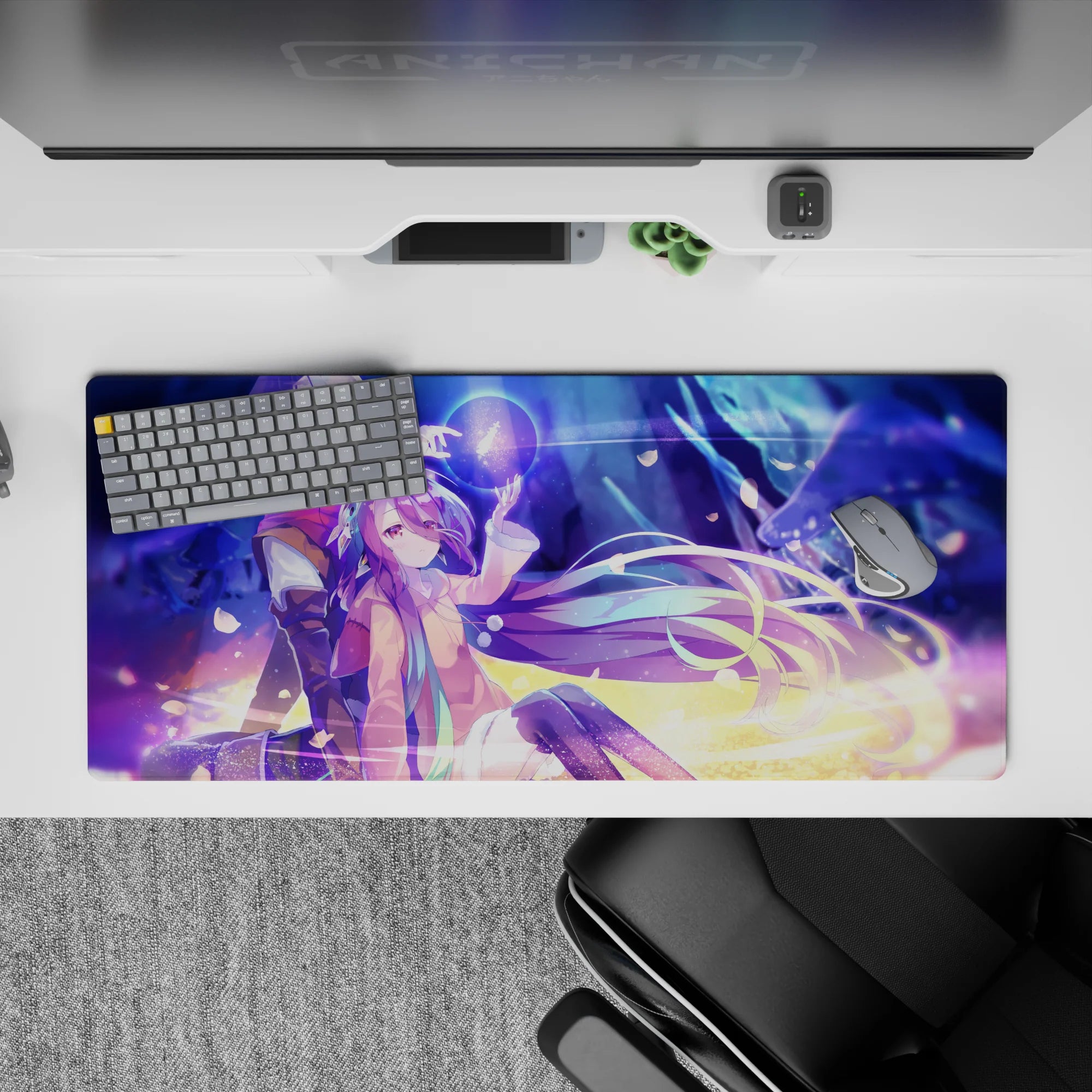 36x16 inches anime desk pad in neon blue and violet haze, soft glow, dreamy gradients and spark trails.
