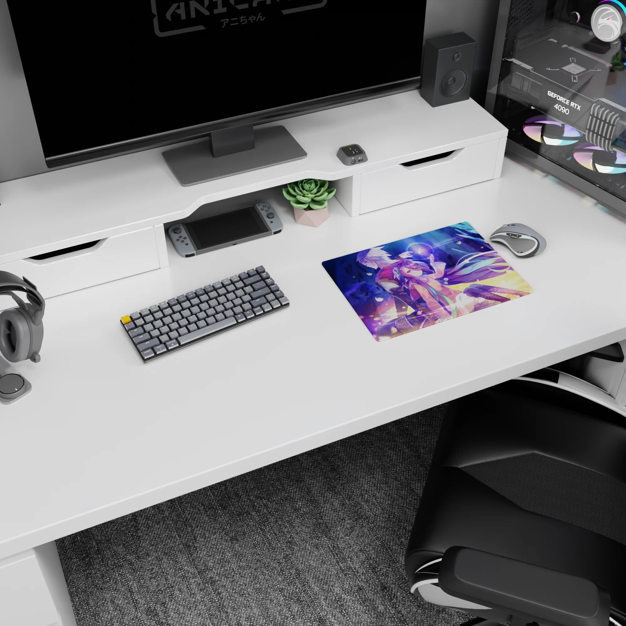 Silver-haired hero beside purple-haired girl casting a glowing orb, anime mouse pad 14x10 inches.