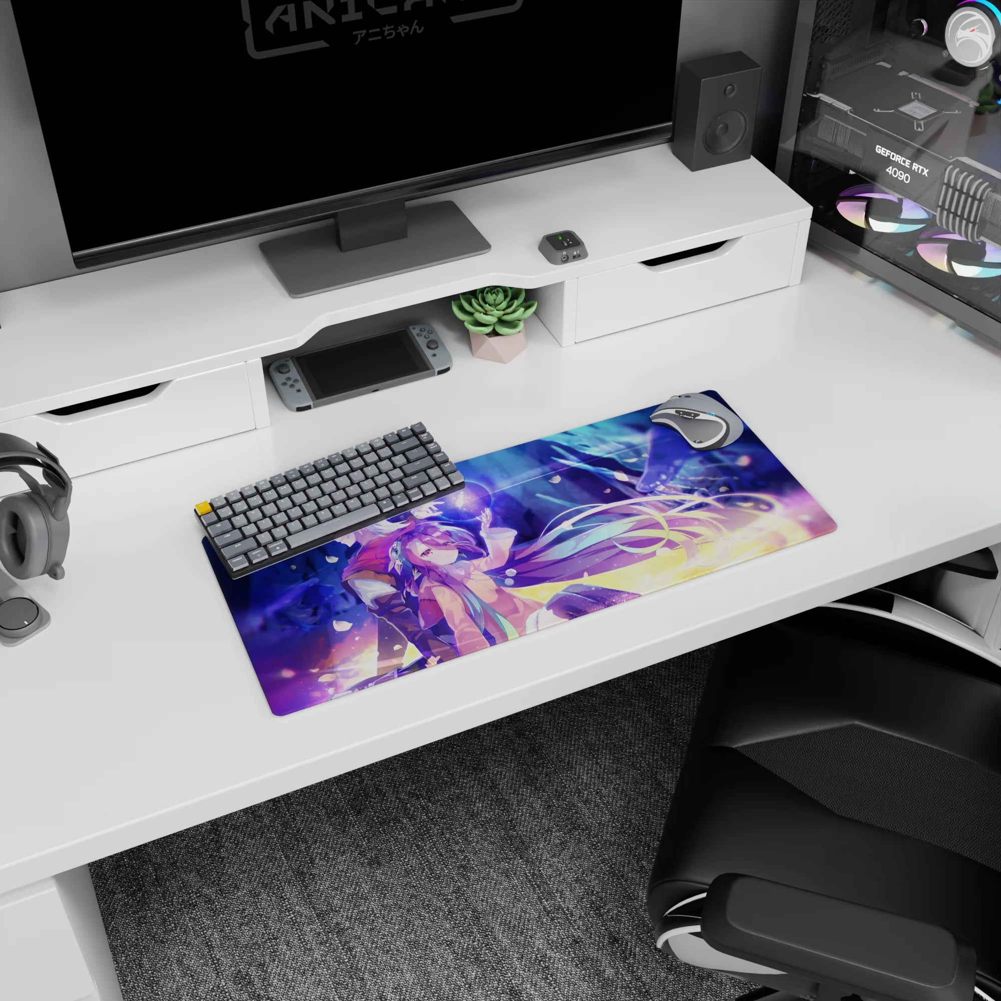 28x12 inches anime mouse pad showing purple-haired mage with orb light beside silver-haired hero on gold ground.