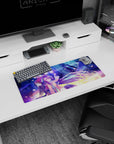 28x12 inches anime mouse pad showing purple-haired mage with orb light beside silver-haired hero on gold ground.
